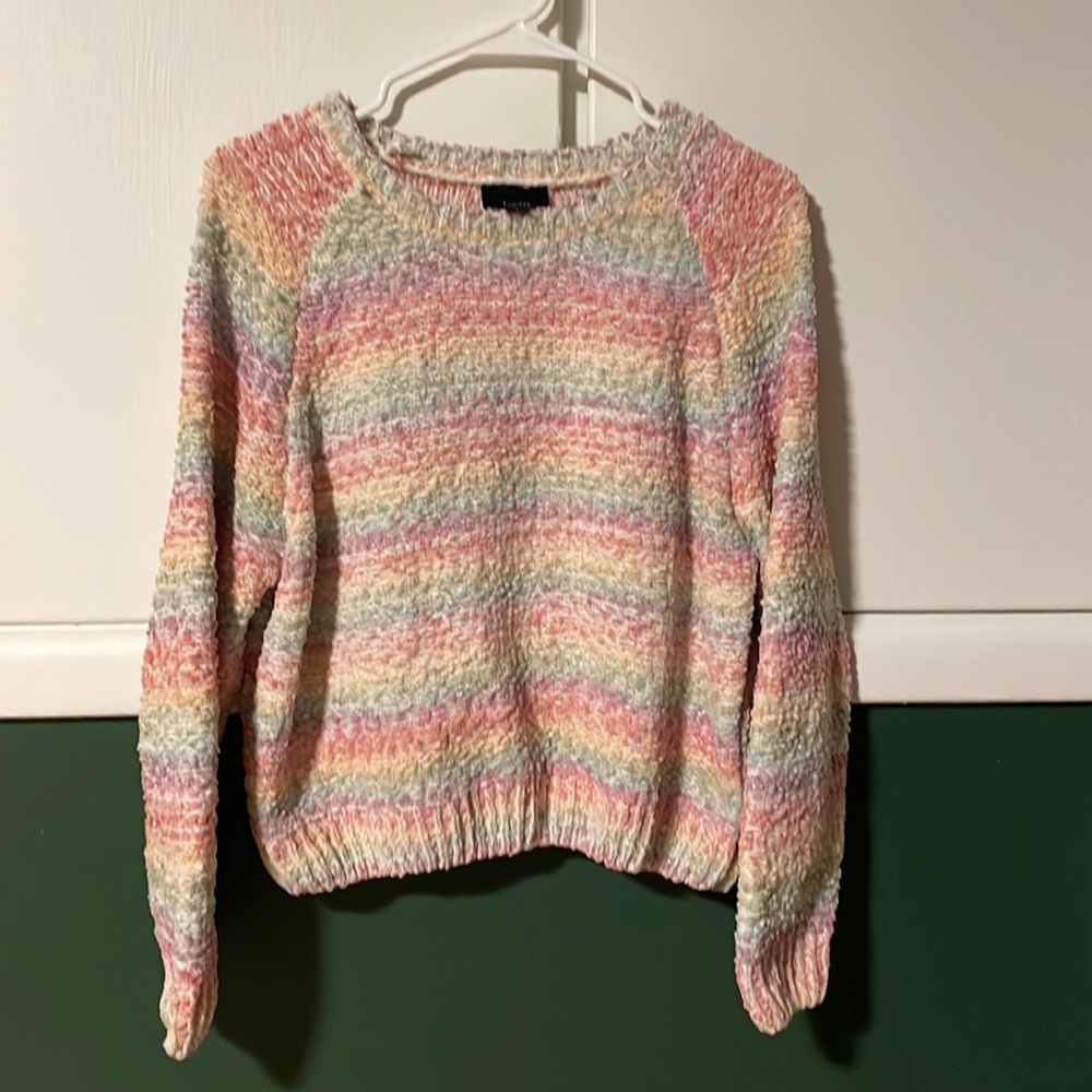 fuzzy cropped rainbow sweater. Size: large
